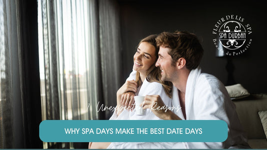 Happy couple in spa robes enjoying tea by the window at Spa Durban, showcasing a relaxing and intimate couples spa day experience at the best couples