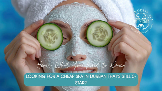 Close-up of a person with a facial mask and cucumber slices on their eyes at a cheap spa in Durban, wearing a white towel on their head