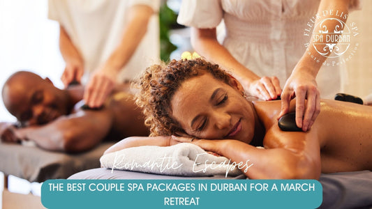 Couple relaxing side by side during couples spa packages in Durban with head and shoulder massage in tranquil spa setting