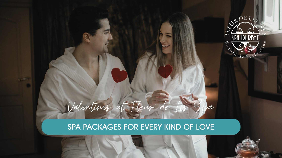 Couple enjoying Valentine’s spa packages at Fleur de Lis Spa Durban, relaxing in robes with romantic treats in a luxury spa setting.