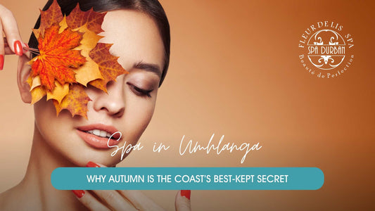 Woman with glowing skin and autumn leaves at a spa in Umhlanga, showcasing seasonal skincare and radiant beauty at Spa Durban.