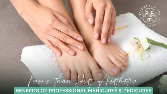 Hands and feet freshly treated with professional manicure and pedicure, showcasing clean nails and healthy skin