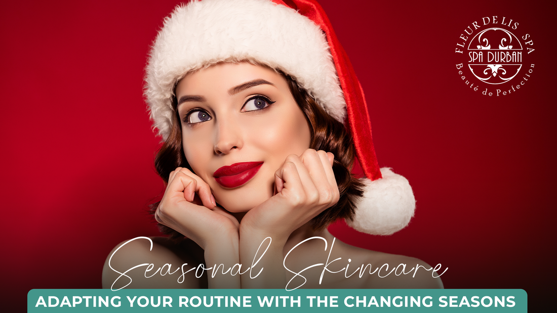 Festive woman in Santa hat with radiant skin, representing seasonal glow through spa treatments in Durban